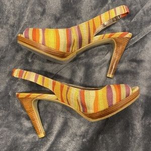 Peep Toe Yellow Orange Red Purple Striped Moda Slingback Heels size 6